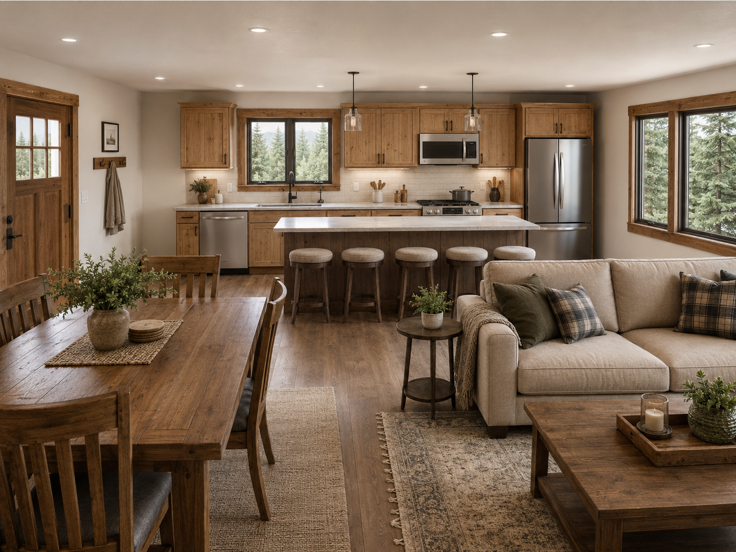 Photorealistic open kitchen dining and living concept for the cabin